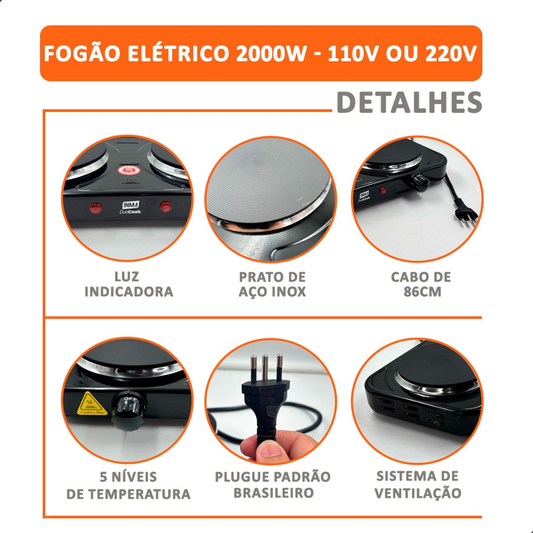 Fogão Elétrico Portátil 2 Bocas Cooktop de Mesa Inox com Controle de Temperatura 1000W/2000W